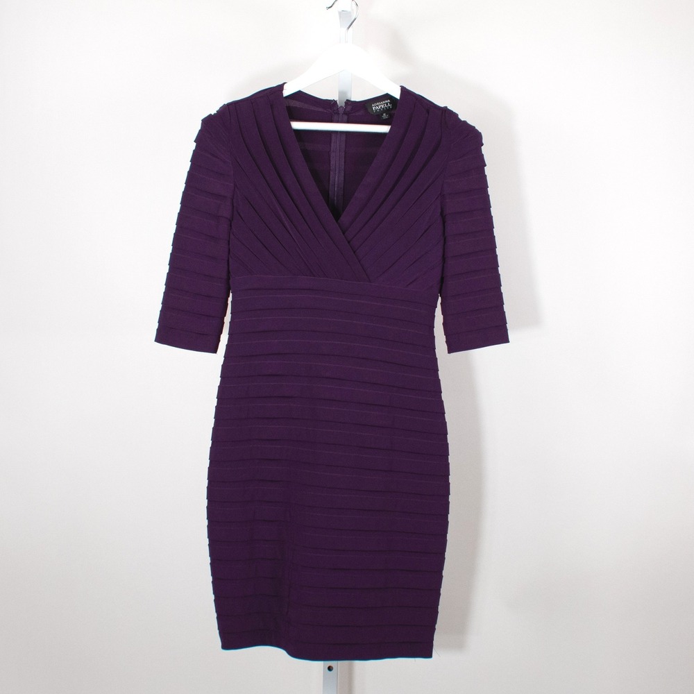 Adrianna Papell Petite Purple Sheath Dress V Neck 3/4 Sleeve‎ Ruched Size 8P